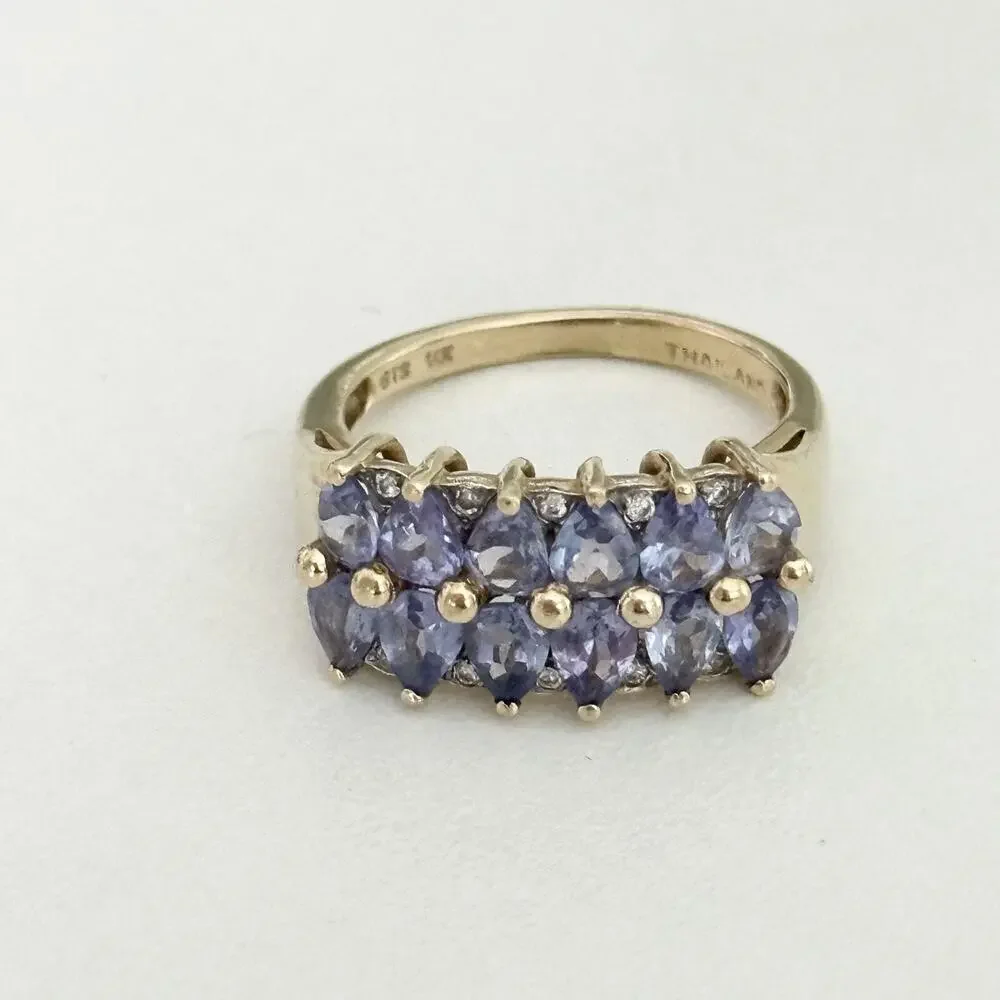 14K Yellow Gold Tanzanite Double Row & Diamond Ladies Band Ring Size 5.5